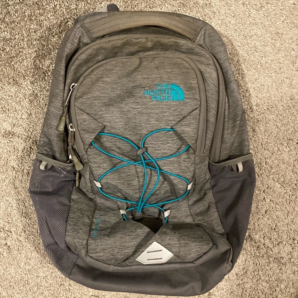 The North Face Heather Gray Backpack with Teal Details